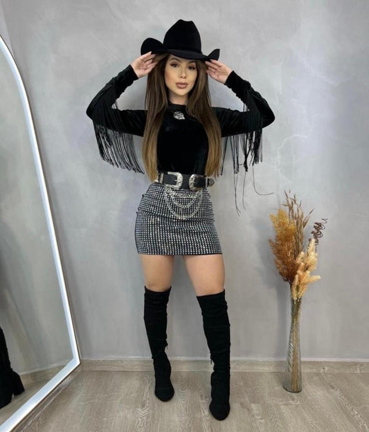 Body Veludo com Franja